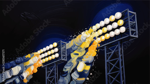 Expressive Night Stadium Floodlights Painting with Dramatic Perspective, Blue Black Sky, Glowing Sports Arena Illumination