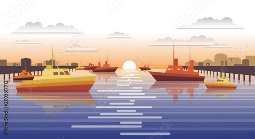 Boats on a calm harbor water.