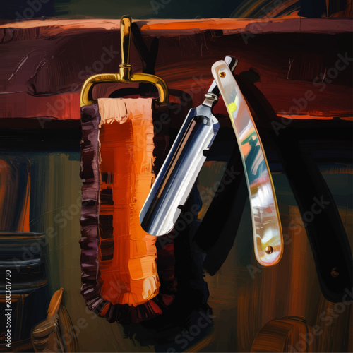 Vintage Straight Razor and Leather Strop Hanging on Barber Chair, Classic Grooming Tools Interior Illustration