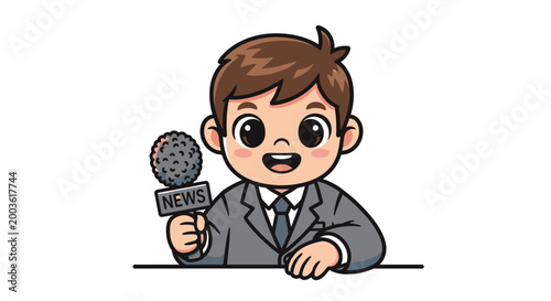 Cartoon boy holding news microphone.