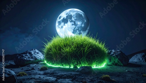 Ethereal nightscape beneath a grand full moon, highlighting a mysteriously glowing green grass mound on a rugged, otherworldly terrain, imbued with a sense of magic and wonder