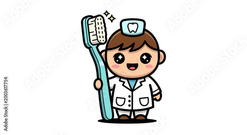 Cartoon dentist with giant toothbrush smiling.