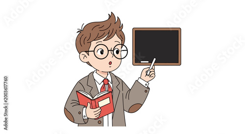 cartoon man holding book and pointing.