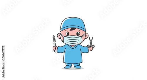 Cartoon surgeon in blue scrubs.