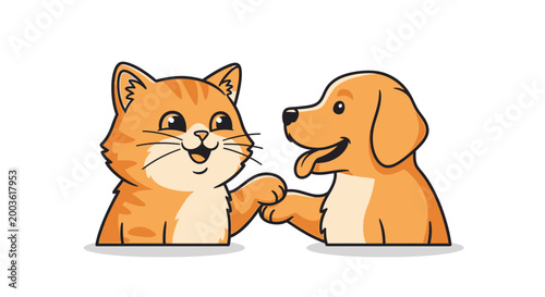 Friendly cat and dog shaking paws.