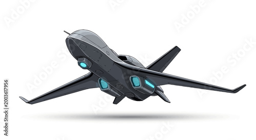 Futuristic military aircraft with glowing engines.