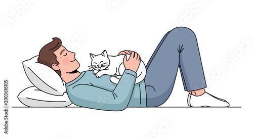 Man lying down with white cat.