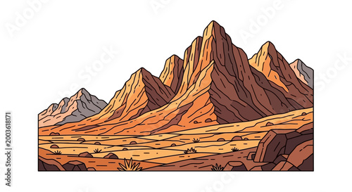 Mountain peaks in desert landscape scene.