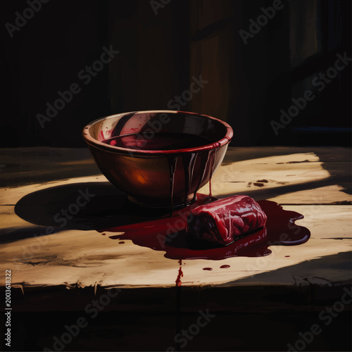Dark moody still life painting of rustic bowl with red liquid spill and raw meat on wooden table in dramatic shadowy interior
