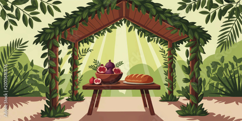 Rustic garden pergola with lush green vines, wooden table, fresh pomegranates and bread in sunlit botanical illustration