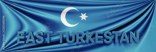 East Turkestan flag inspired blue fabric banner with crescent star symbol and bold text, abstract political identity concept