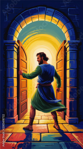 Biblical man opening ancient stone doorway with radiant light, dramatic spiritual illustration of faith, hope, salvation