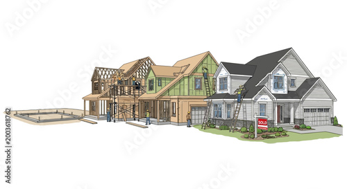 Stages of Residential House Construction from Foundation to Finished Sold Home with Builders Illustration