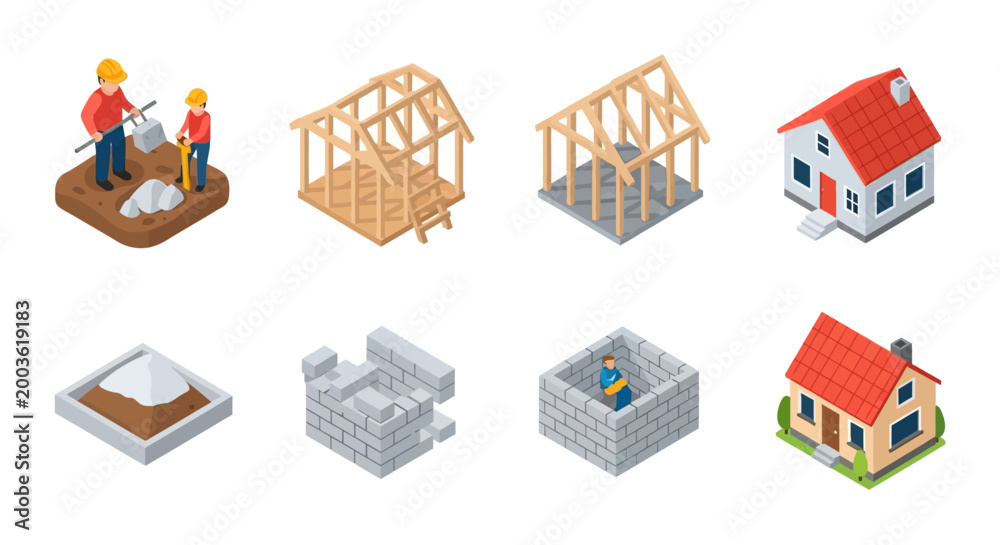 Fototapeta premium Isometric House Construction Icon Set - Building Process Stages including Foundation, Framing, Masonry, and Finished Residential Real Estate Homes