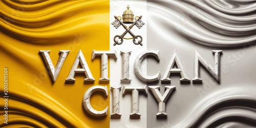 Vatican City flag with papal keys and marble typography on flowing gold and silver abstract background, luxury religious design