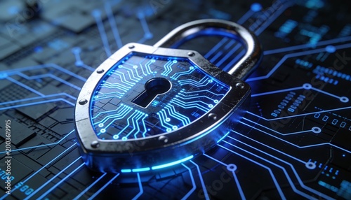 Futuristic cybersecurity protection shield with glowing check mark, digital data network security concept, privacy defense, antivirus encryption, and online safety technology background illustration	