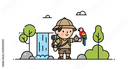 Фотография A cute cartoon illustration of a young explorer wearing a pith helmet and backpack, holding a compass with a colorful parrot perched on his arm in nature