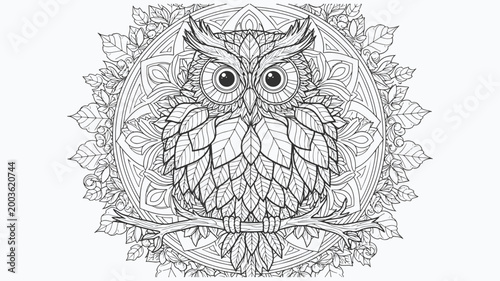 Intricate Owl Mandala Coloring Page with Leaf Patterns and Floral Background