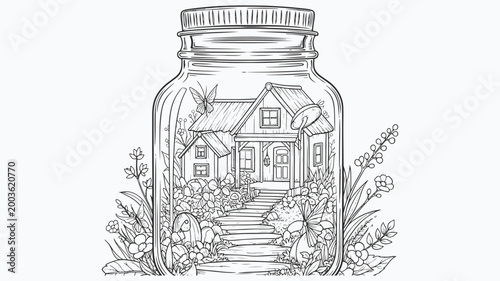 Magical Terrarium Miniature House in a Glass Jar Coloring Page