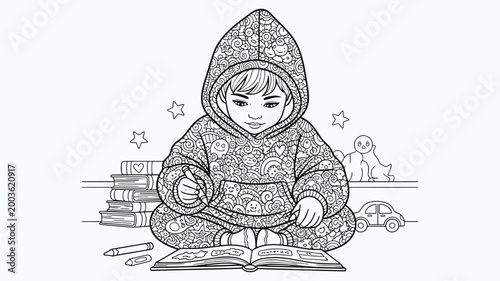 Cozy Living Room Interior with Bookshelf and Sofa Coloring Page