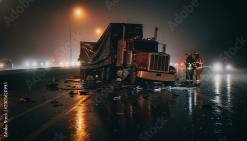 Cuadro en lienzo A nighttime scene of a truck accident on a wet highway with emergency responders standing nearby in foggy weather