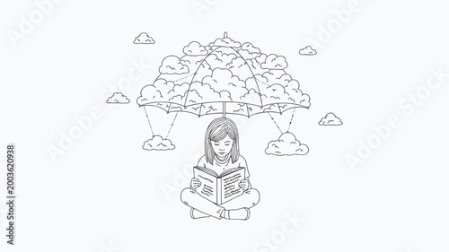 Surreal Concept of Girl Reading Under a Cloud Umbrella Coloring Page