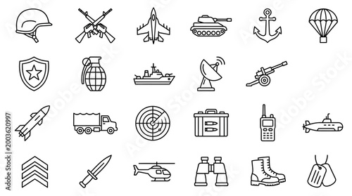 Vector Icons Military and Army Equipment Line Icons Set.