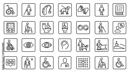 Vector Icons Set of hand drawn accessibility and disability awareness icons.