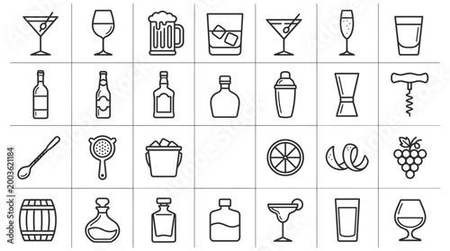 Vector Icons Set of hand drawn alcohol drink and bar equipment icons.