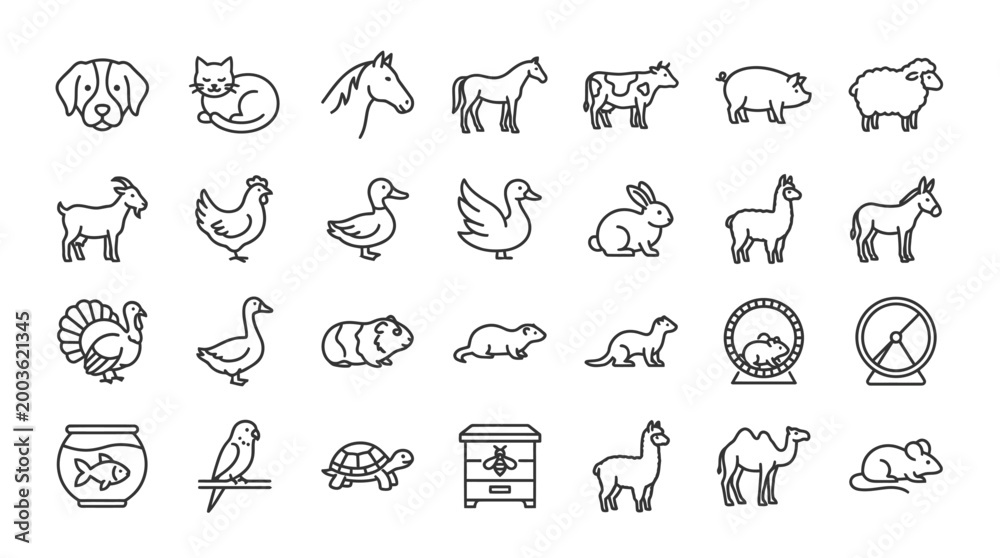 Fototapeta premium Vector Icons Set of Hand Drawn Farm and Pet Animal Outline Icons.