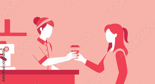 Barista Serving Coffee to Customer in Cafe - Flat Design
