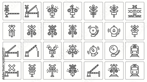 Vector Icons Set of railroad crossing and train signal thin line icons.