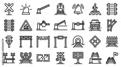 Vector Icons Set of railroad crossing icons in thin line style.