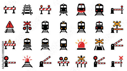 Vector Icons Set of railway and train crossing icons for transport and safety.