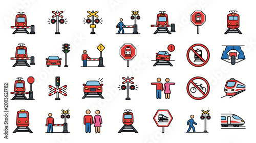 Vector Icons Set of Railway and Train Crossing Icons.