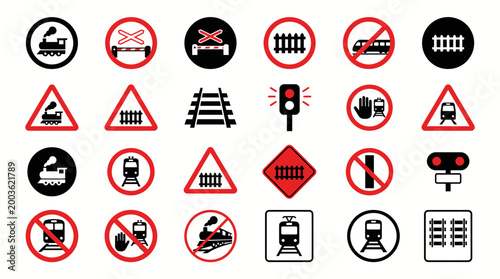 Vector Icons Set of railway and train traffic signs and symbols.