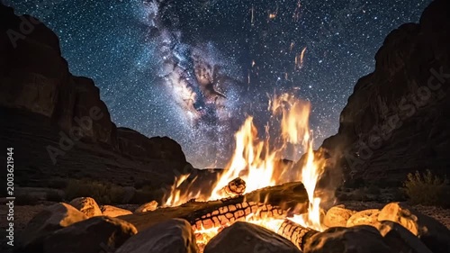 Relax at night in the canyon with a campfire under the stars and the Milky Way shining above