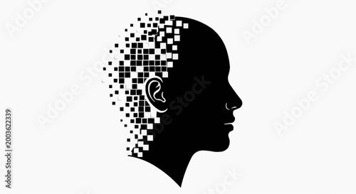 Human Face Transforming into Pixels Concept of Identity Loss in the Digital Era White Background