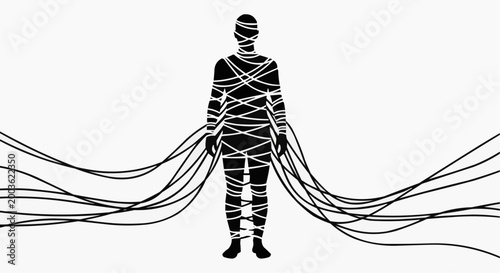 Person Trapped by Wires Representing Digital Dependency and Technology Addiction White Background