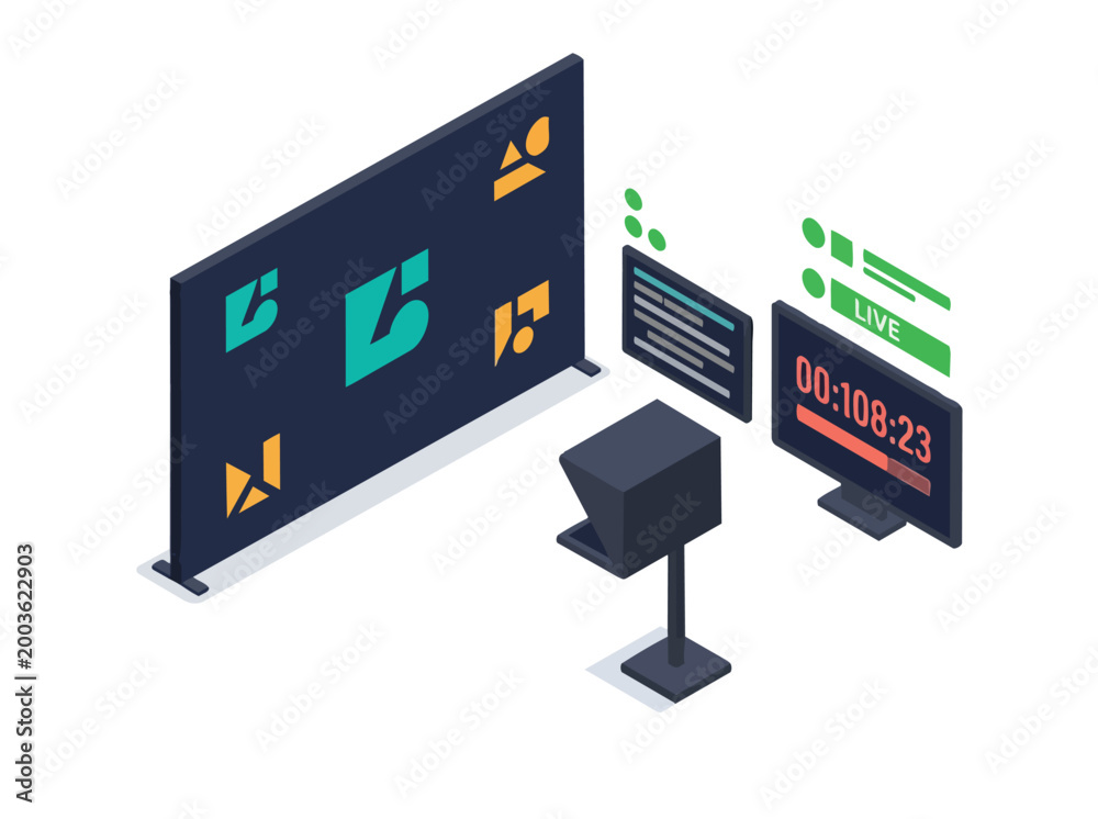 Fototapeta premium Isometric vector illustration of a modern coworking space with digital screens and branding displays