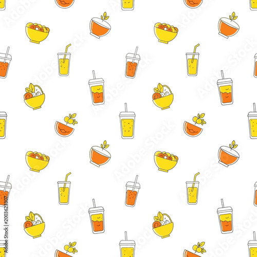 Seamless pattern with hand drawn orange juice and fruit bowls.
