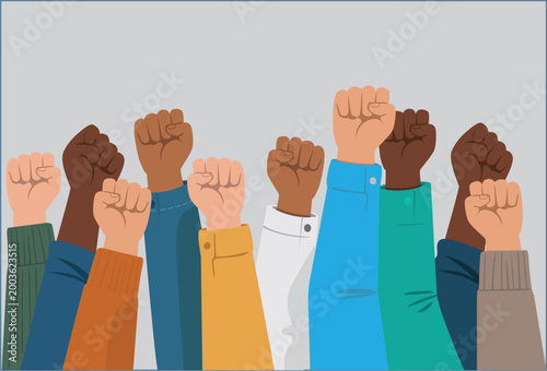 Une vague de poings levés surgit dans un même élan, incarnant la force collective et la diversité des voix en lutte