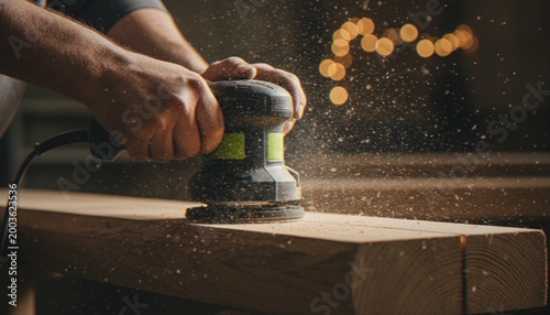 Bild auf Leinwand A close-up shot of a carpenter using a power sander to smooth a piece of wood in a workshop, with sawdust particles flying in the air