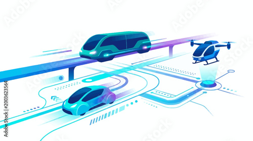 Illustration of futuristic transportation system with electric vehicle, autonomous car, and drone on elevated road and highway, showcasing smart urban mobility and sustainable transport