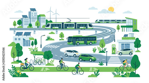 Illustration of a sustainable urban transport system with a bus, train, car, bicycle, and people in a green cityscape with wind turbines and solar panels, promoting eco-friendly travel and