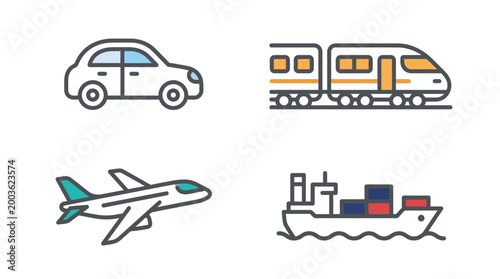 A transportation icon set featuring a car, train, airplane, and cargo ship in a simple vector style, illustrating various modes of transport.
