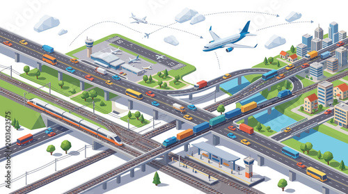 Illustration of a comprehensive transport system with vehicles on roads, trains on railway tracks, airplanes in flight, ships on water, and a cityscape in the background, showcasing urban