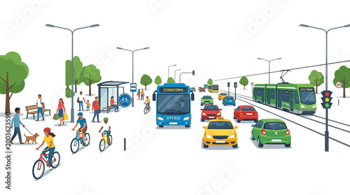 Illustration of a busy city street with various public transportation vehicles, including buses and trains, traveling alongside cars, bicycles, and pedestrians in a vibrant urban mobility