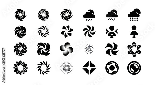 Abstract swirl and icon set in black and white