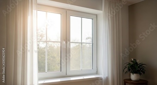 Window with sheer curtains in bright living room, natural daylight, beige walls and potted plant by the sill, cozy modern interior design